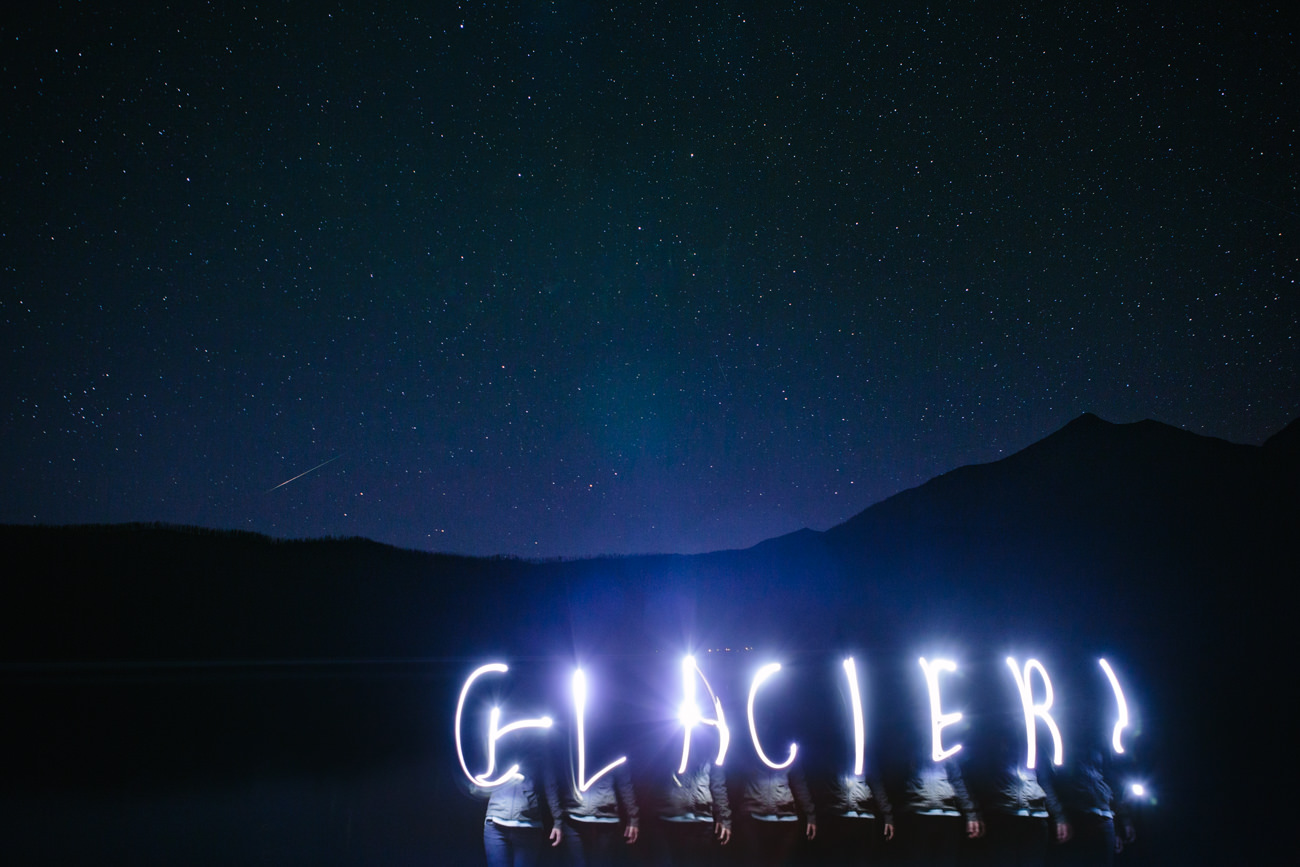 Glacier light painting against a night sky at Lake McDonald in Glacier National Park