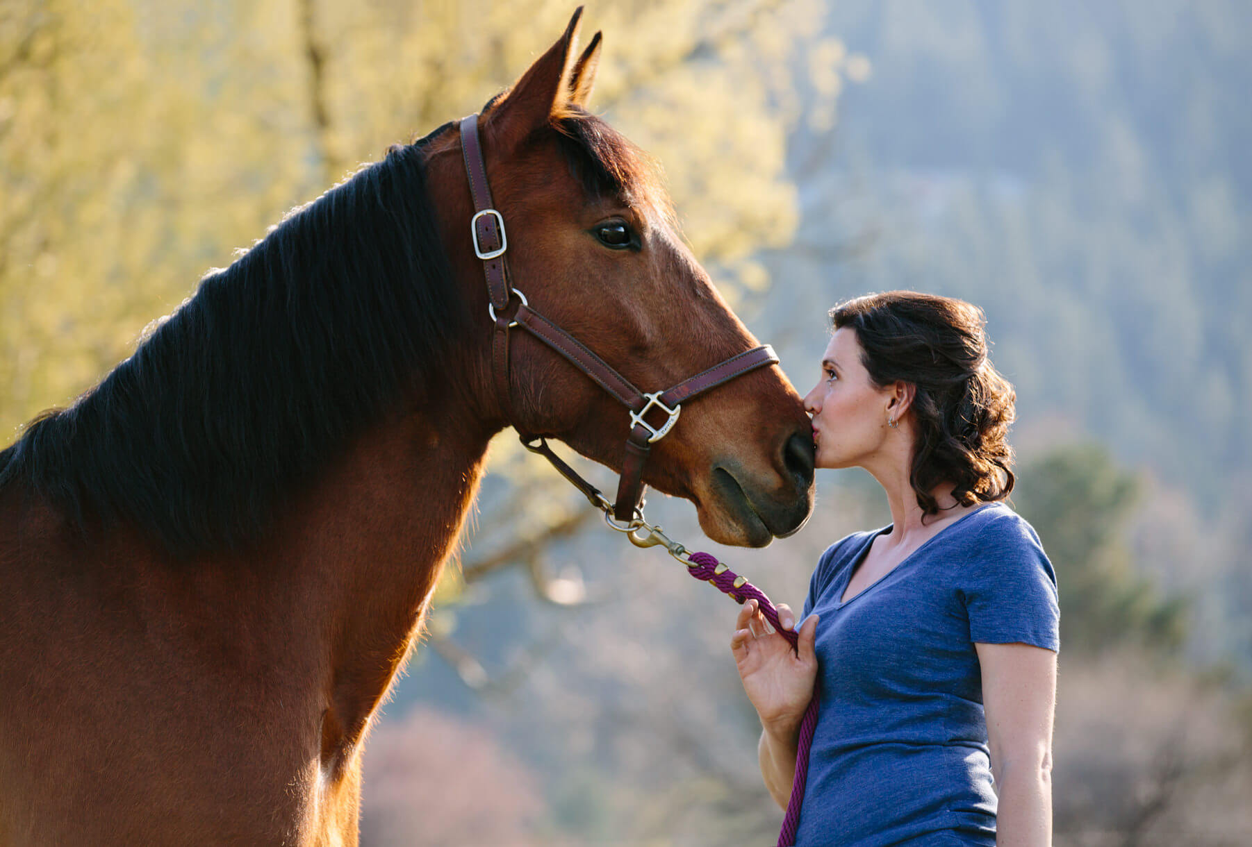 A woman kisses her horse on the nose during her pet portrait session in Missoula Montana