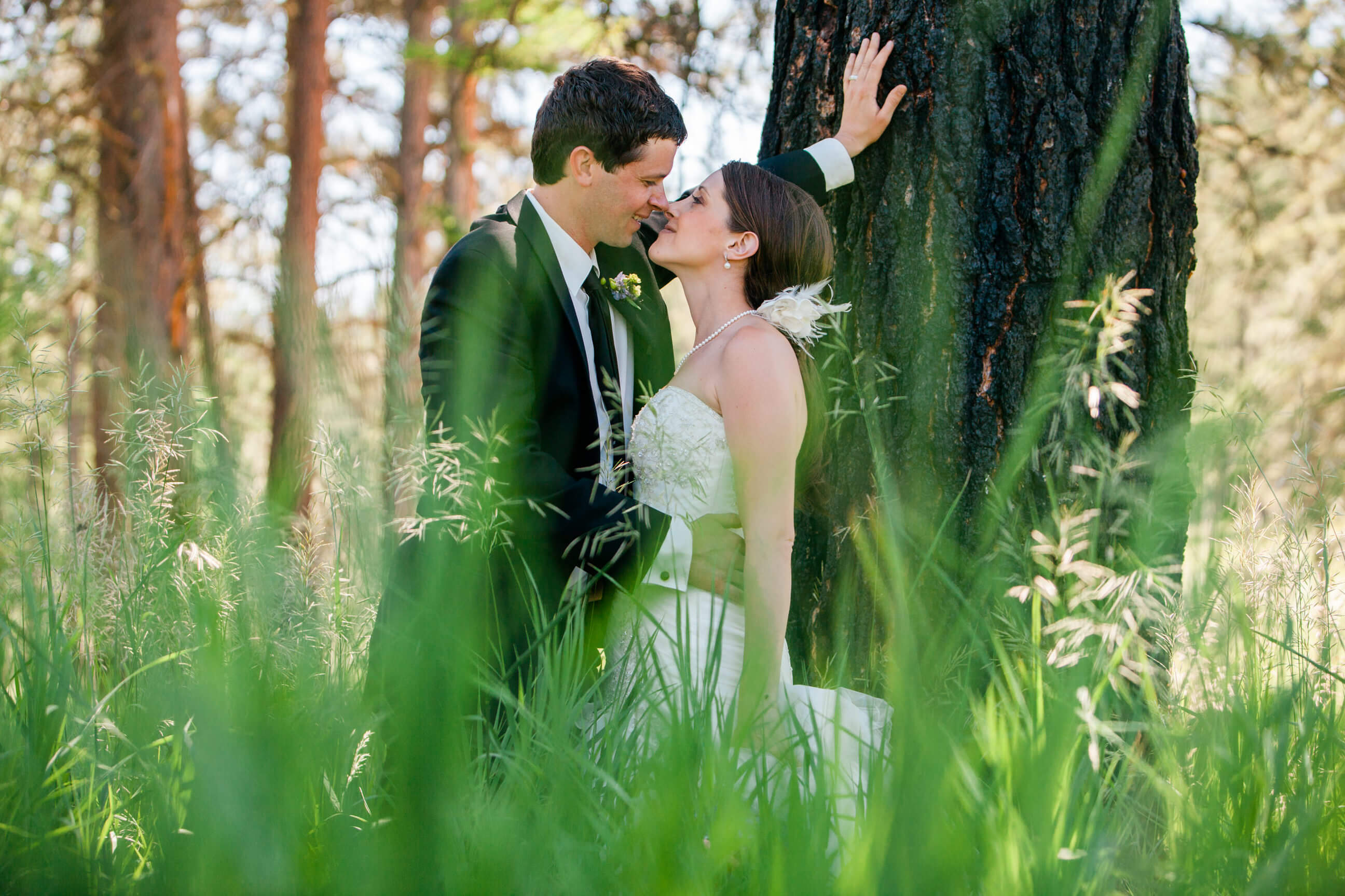 A bride and groom kiss among tall grass in a forest during their rock the dress photos in Missoula Montana